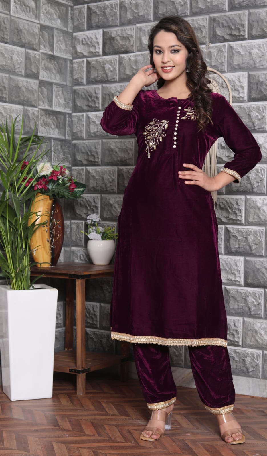 Velvet Co-ord Set with Adda Work