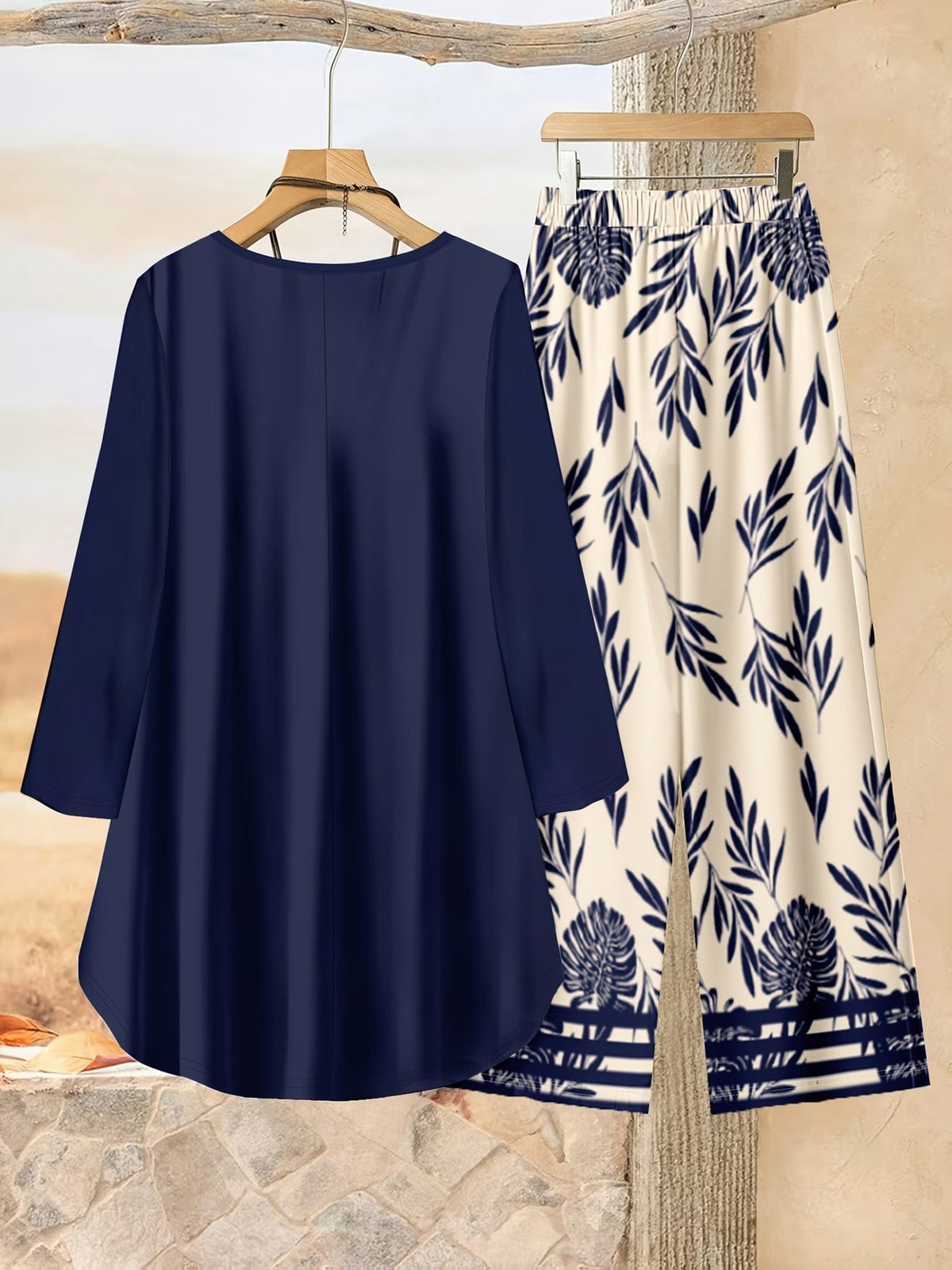 Loose Fit Irregular Print High-Low Hem Top with Solid Pants – Women’s Casual Two-Piece Outfit