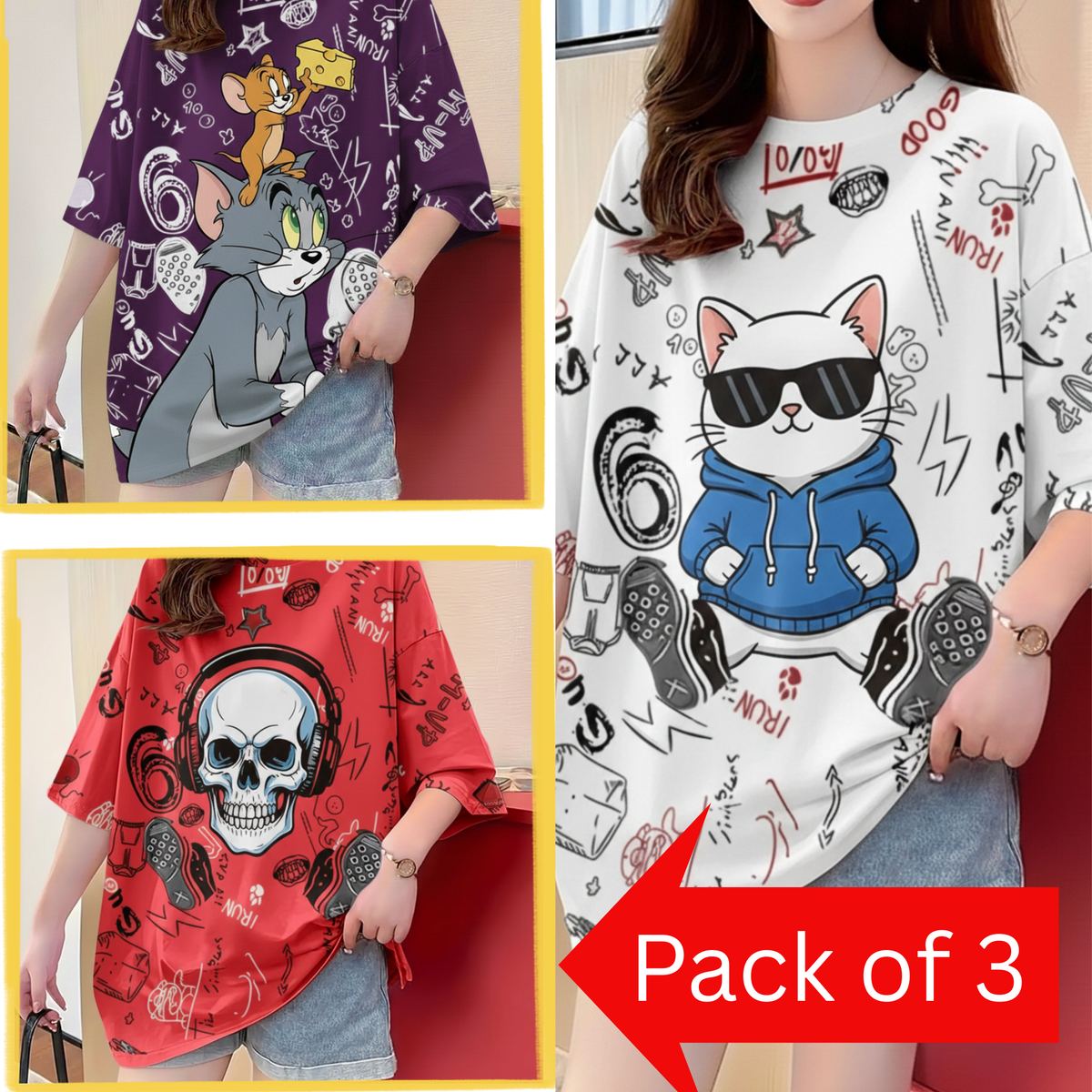 Pack of 3 Women’s Graphic Printed T-Shirts | Casual Stylish Cotton Tees