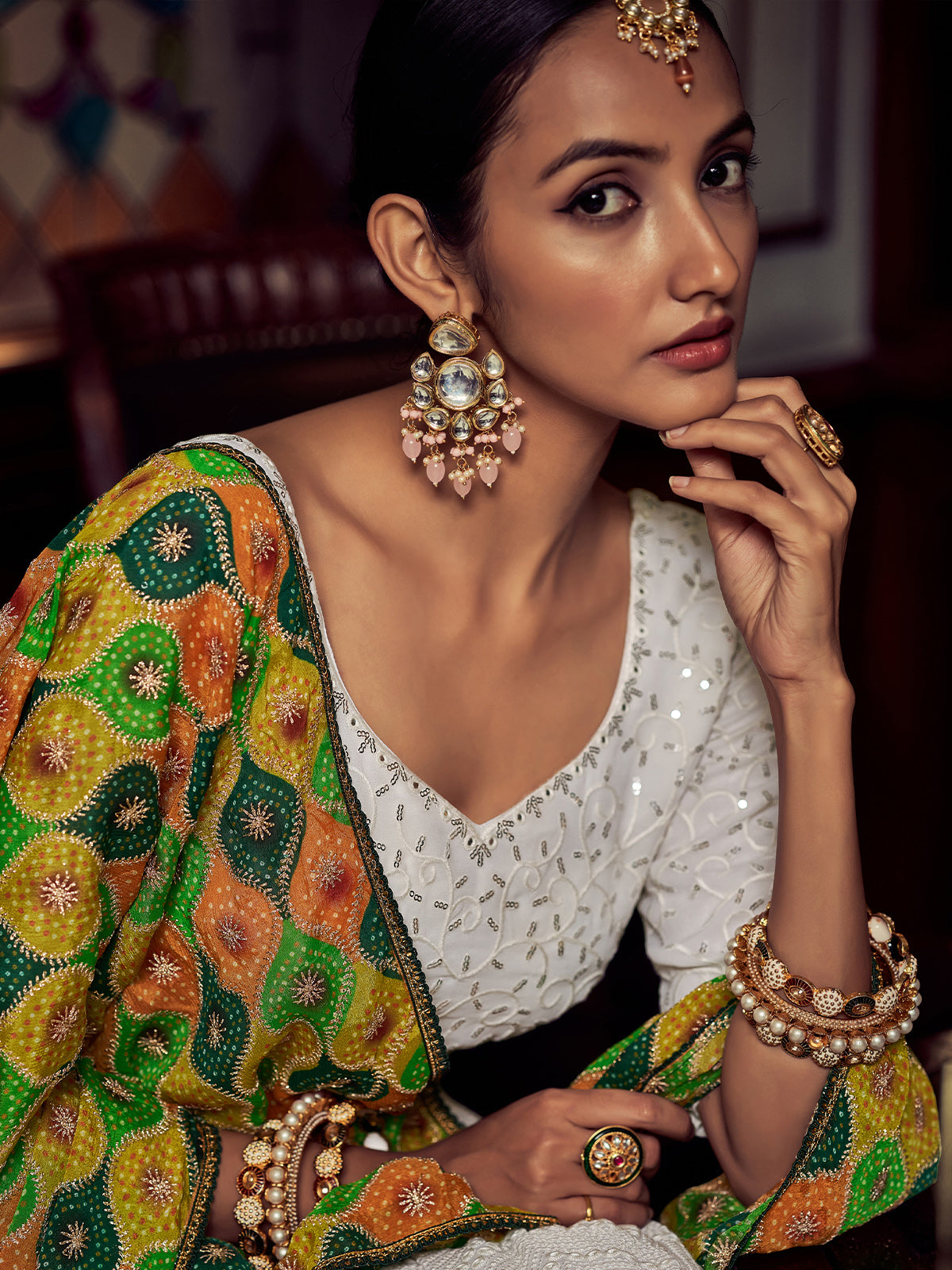 White Embroidered Georgette Semi Stitched Lehenga With Blouse Piece