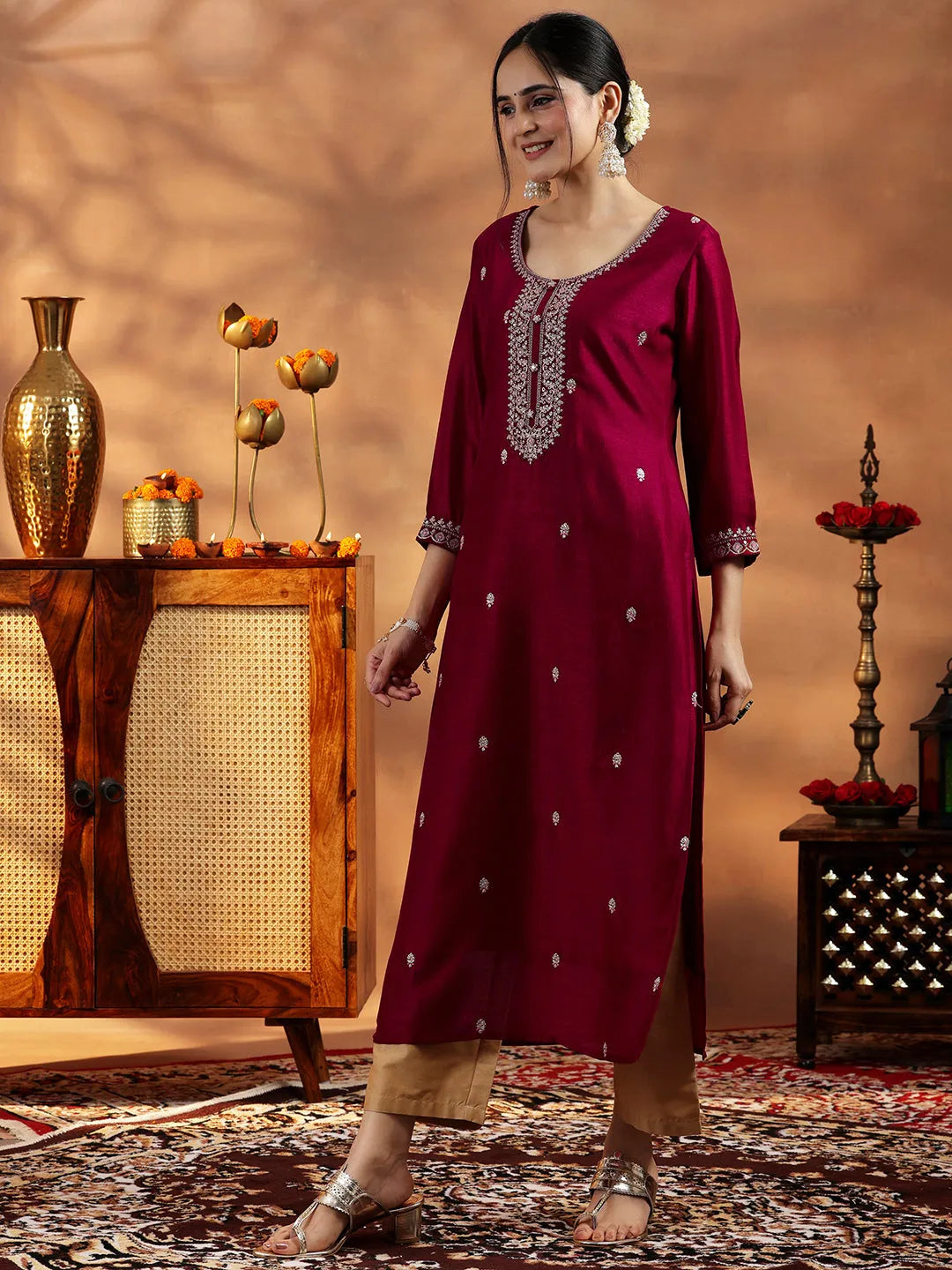 Anouk Maroon Embroidered Silk Straight Kurta