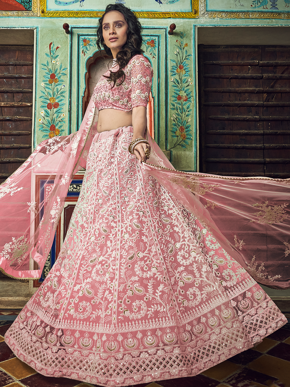 Pink Embroidered Soft Net Semi Stitched Lehenga With Unstitched Blouse