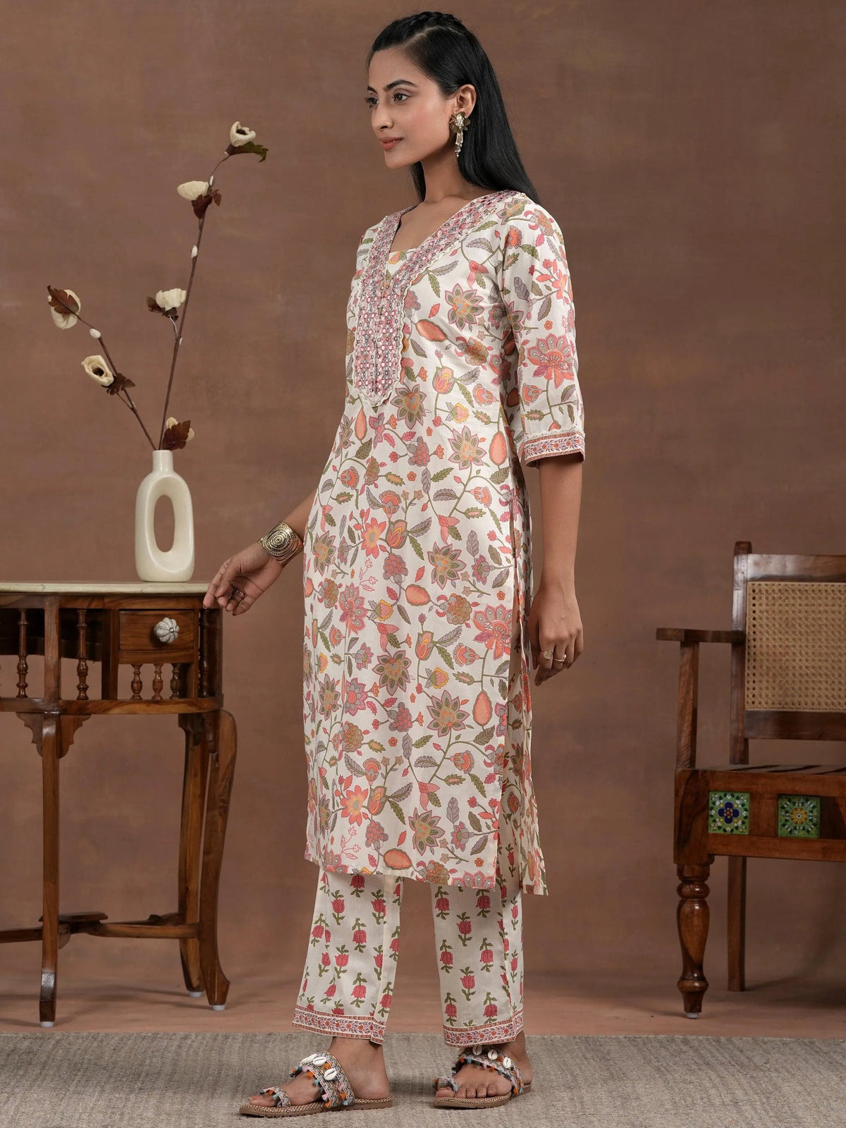 Anouk Off White Printed Cotton Straight Kurta Set