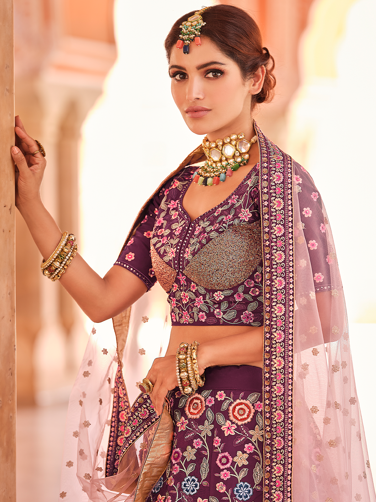 Purple Crepe Semi Stitched Lehenga With Unstitched Blouse