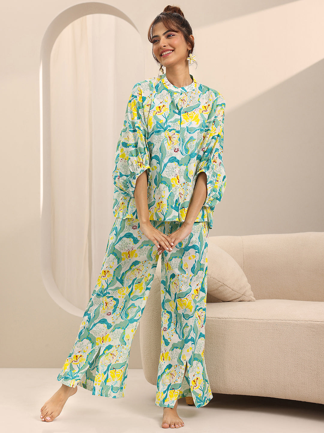 Anouk Off White Printed Cotton Night Suits
