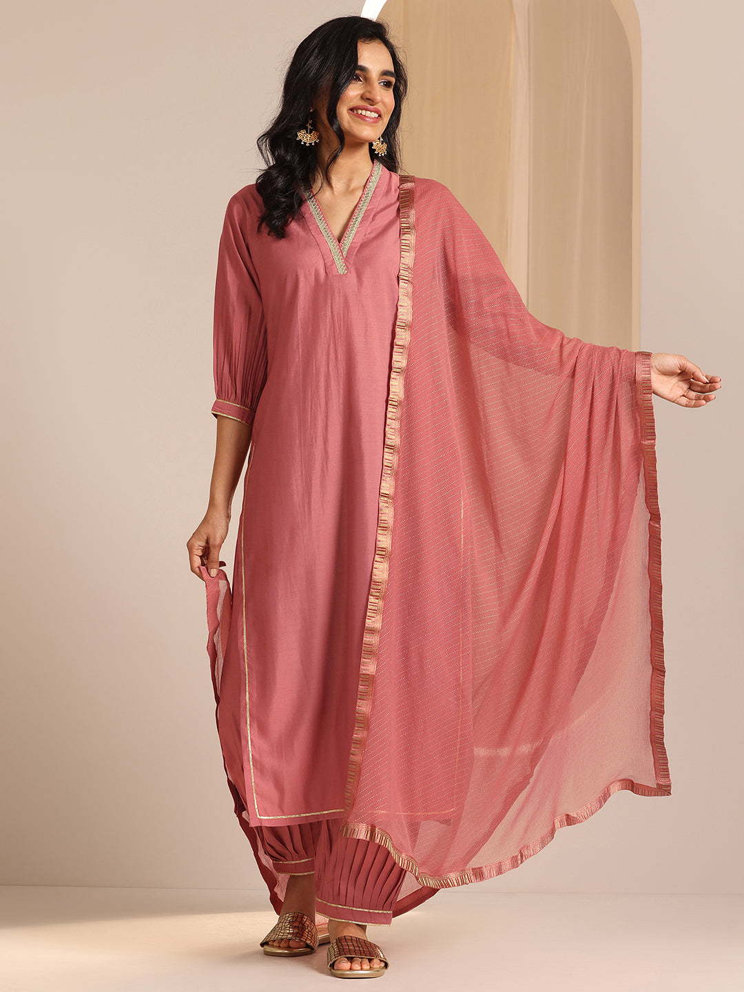 Anouk Peach Solid Silk Blend Straight Suit Set With Dupatta