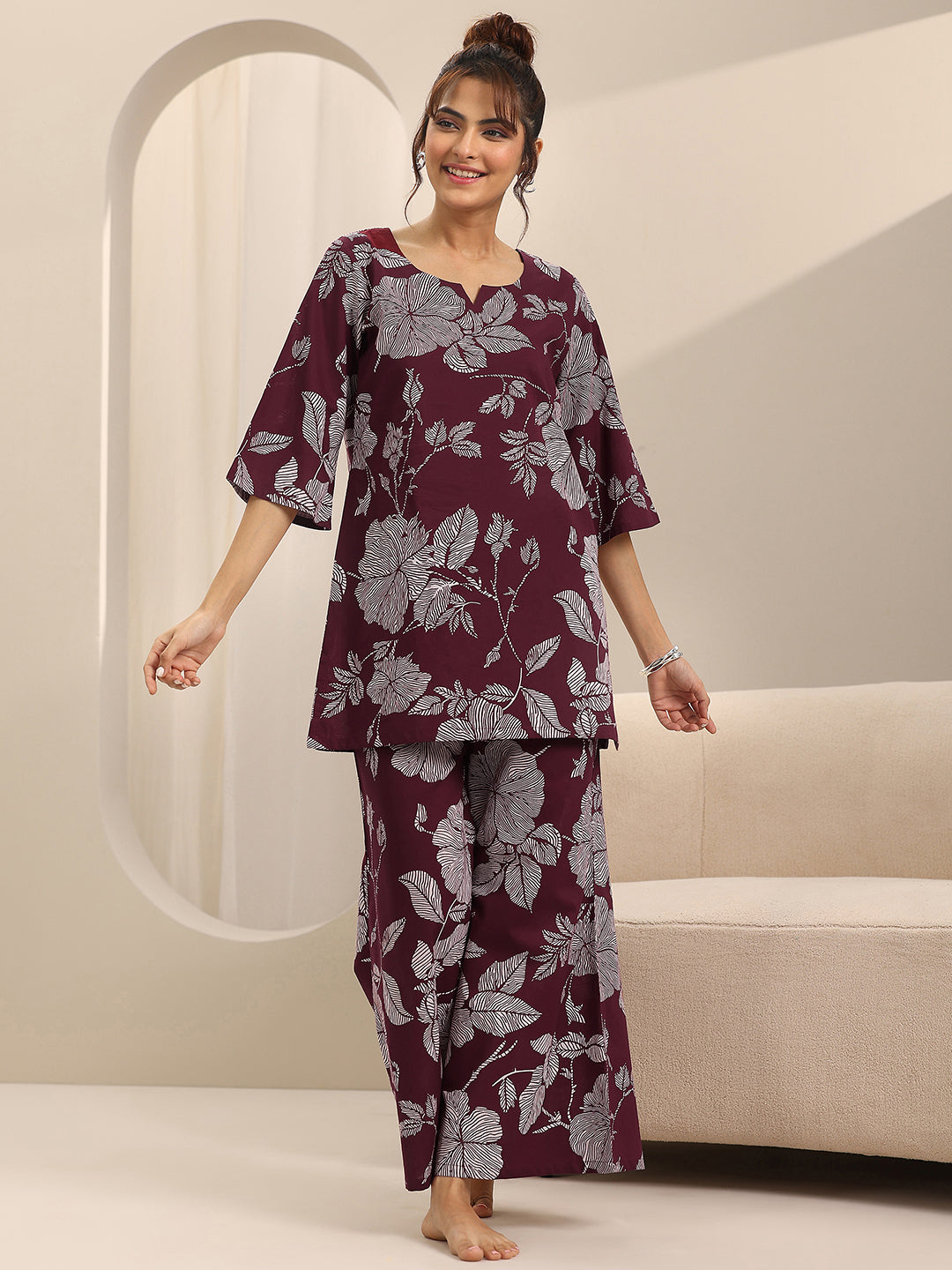 Anouk Burgundy Printed Cotton Night Suits