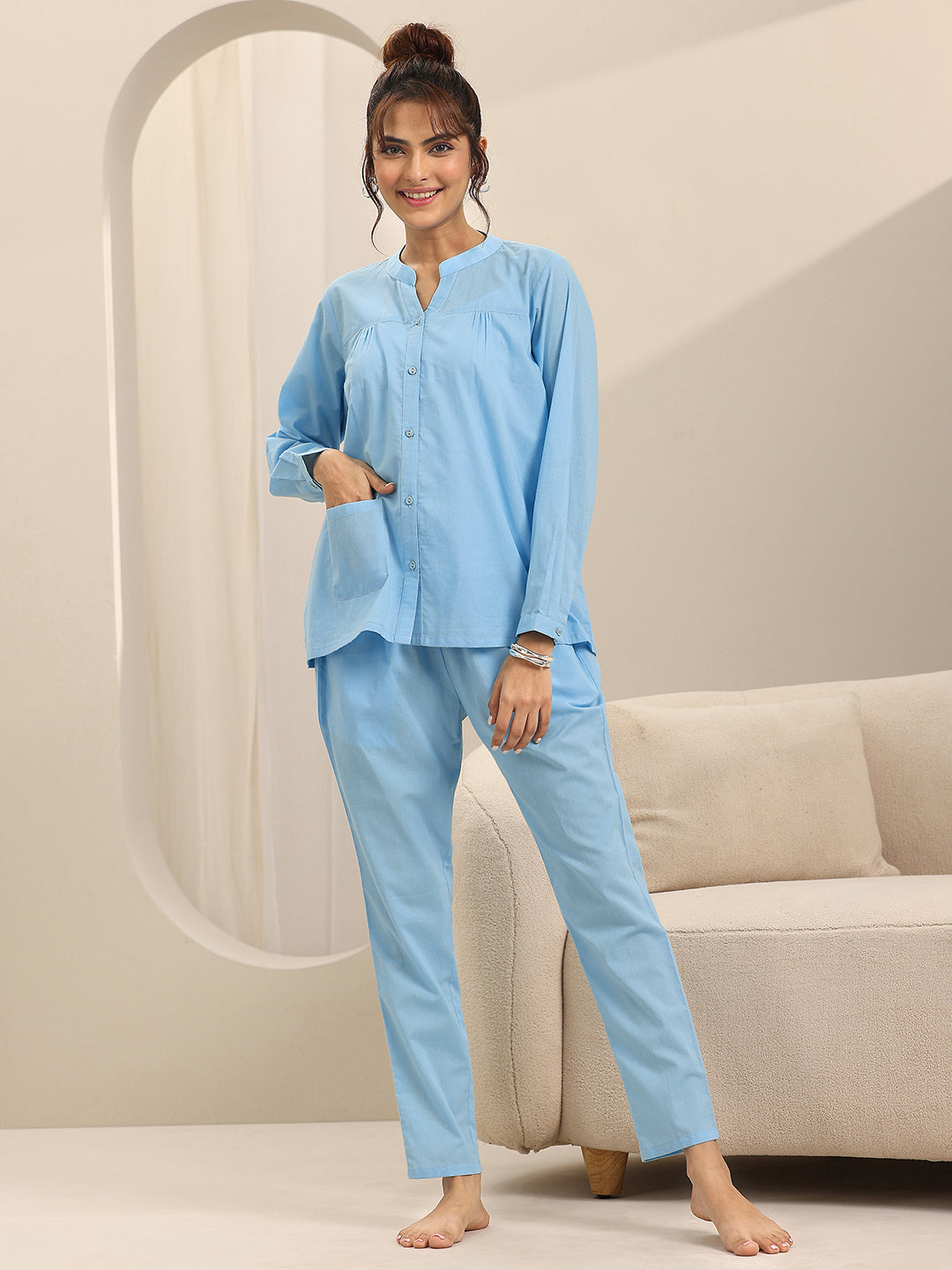 Anouk Blue Solid Cotton Night Suits