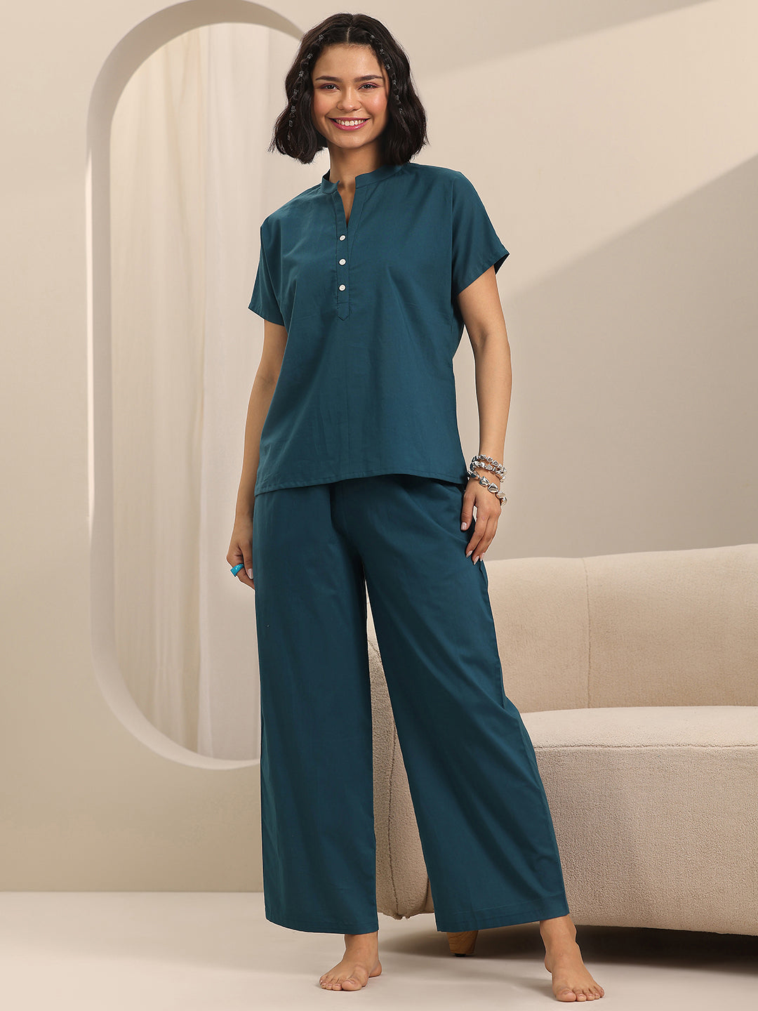 Anouk Teal Solid Cotton Night Suits