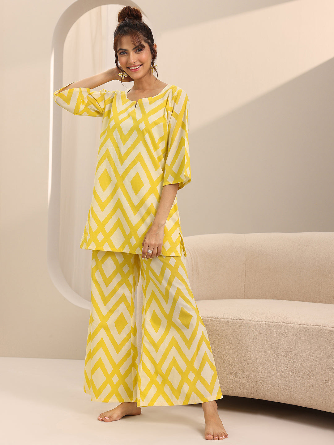 Anouk Yellow Printed Cotton Night Suits