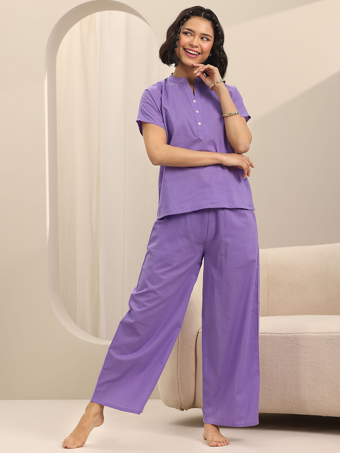 Anouk Purple Solid Cotton Night Suits