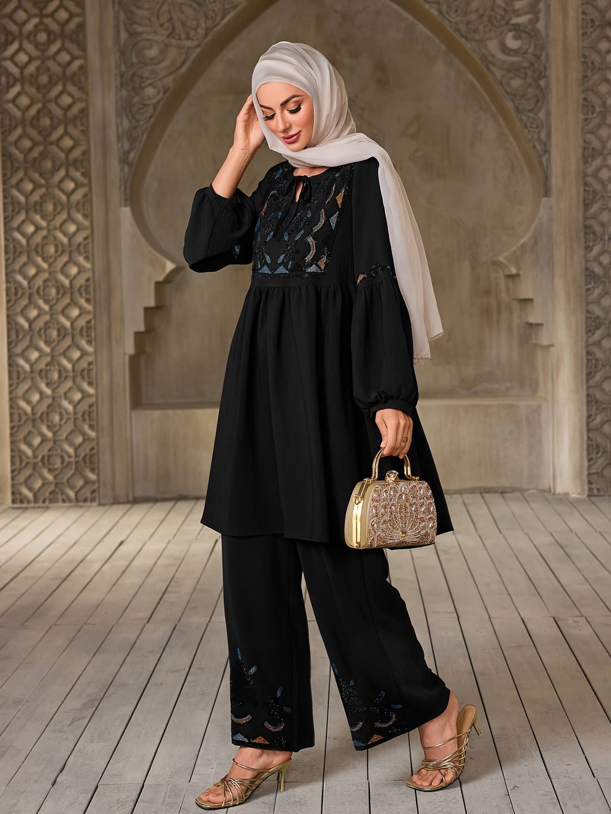 Women's Elegant Rhinestone Detail Long Sleeve Top & Wide-Leg Pants Set