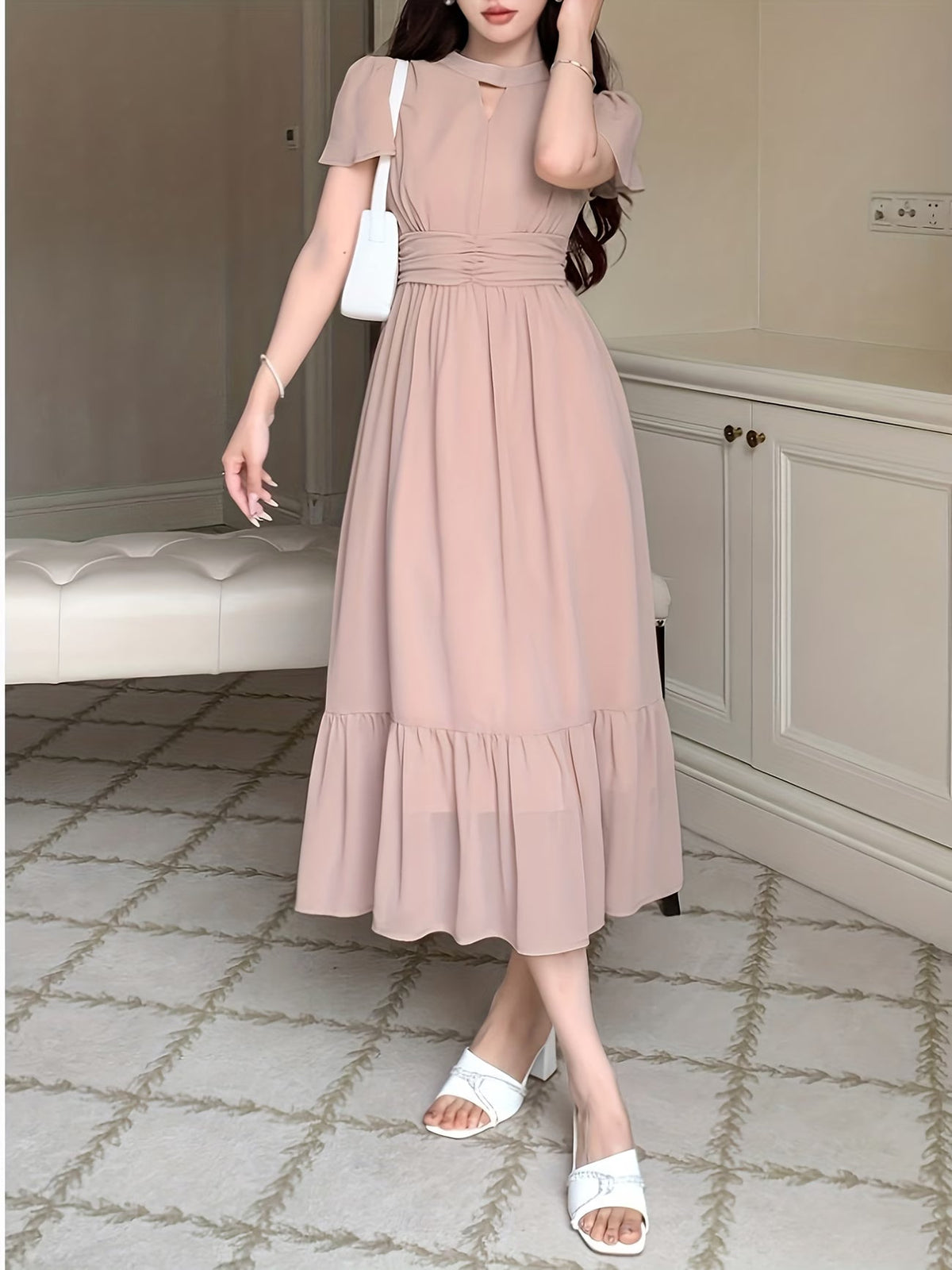 Women's Elegant Pleated Waist Ruffle Hem Maxi Dress