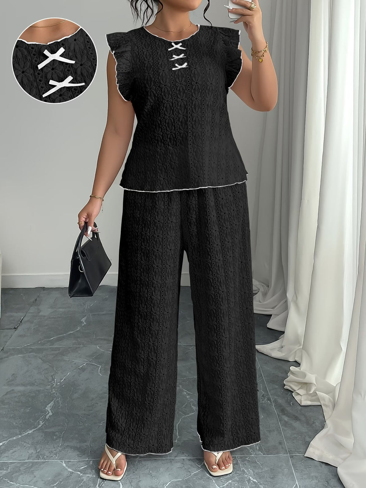 women Round Neck Mushroom Sleeve Top & Straight Pants