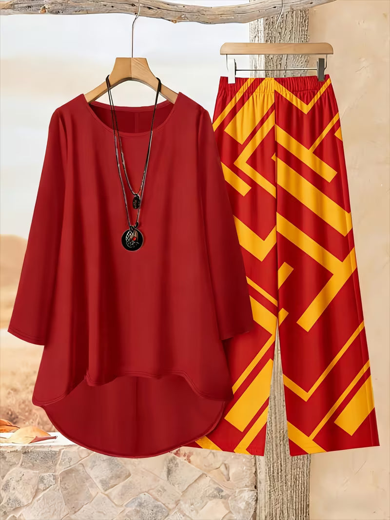 Plus Size Women’s Loose Net Color Top & Printed Pants Set – 2pcs Casual Outfit