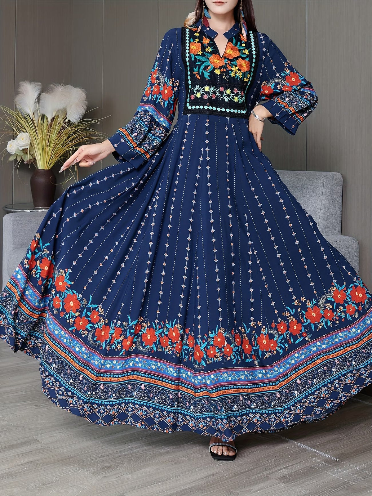 Women's Bohemian Ethnic Print Maxi Dress with Flowing Hem