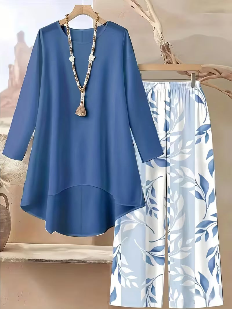 Elegant Leaf Print High-Low Co-Ord Set