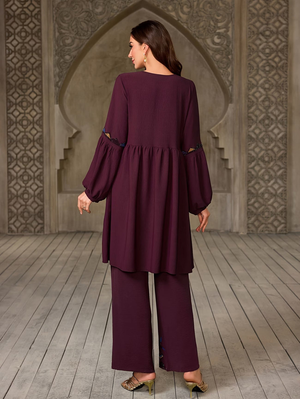 Women's Elegant Rhinestone Detail Long Sleeve Top & Wide-Leg Pants Set