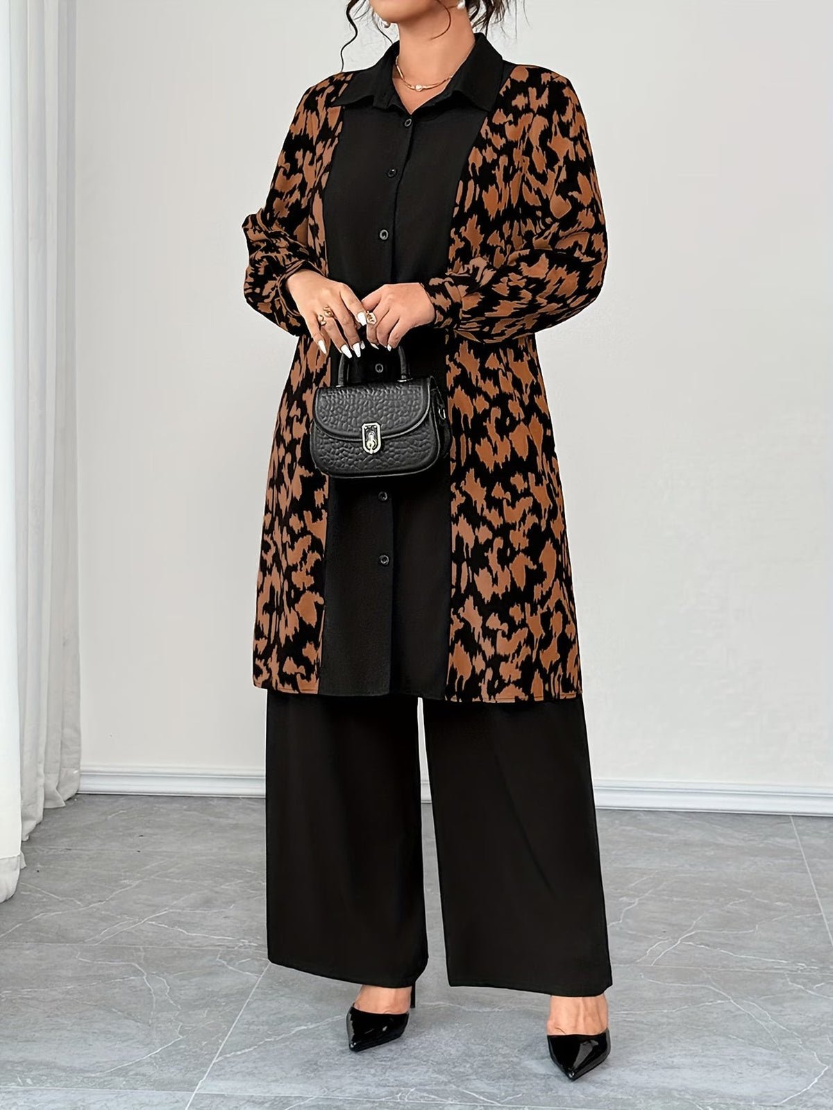 Women's Elegant Patchwork Cardigan, Mid-Length Shirt & Straight-Leg Trousers Set