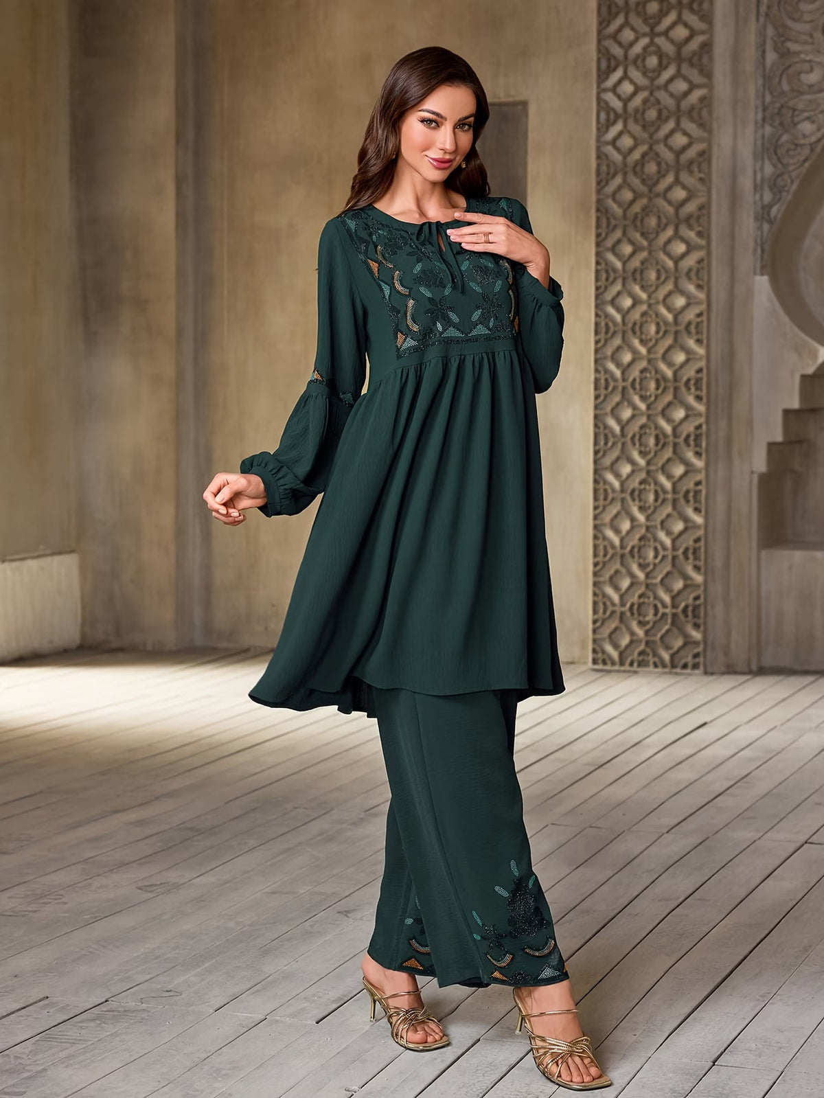 Women's Elegant Rhinestone Detail Long Sleeve Top & Wide-Leg Pants Set