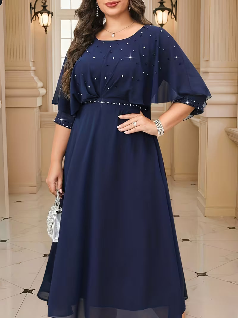 Plus Size Women’s Elegant Rhinestone Collar Dress
