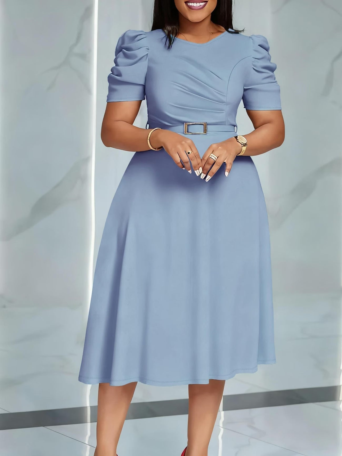 Women's Elegant V-Neck Ruffle Midi Dress with Waist Belt