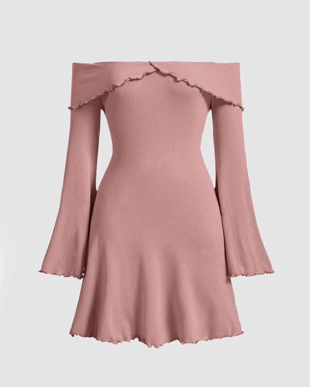 Off Shoulder Lettuce Trim Flare Sleeve Dress In Dusty Pink