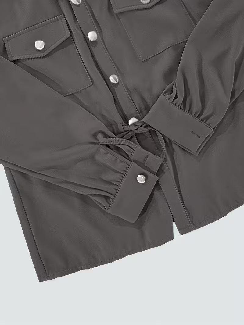 Women's Drawstring Waist Collared Top & Elastic Waist Skirt Two-Piece Set