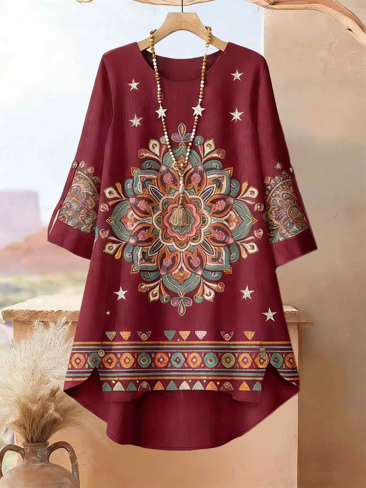 Plus Size Bohemian Printed Co-Ord Set – V-Neck Casual Tunic & Pants Outfit
