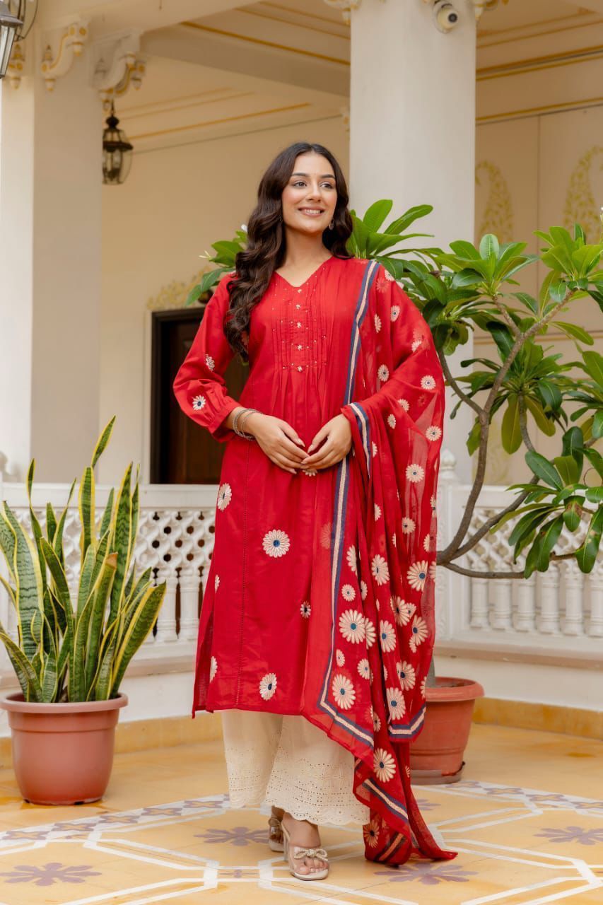 3 Piece Cotton Pintex Kurti Pant Dupatta Set with Embroidery