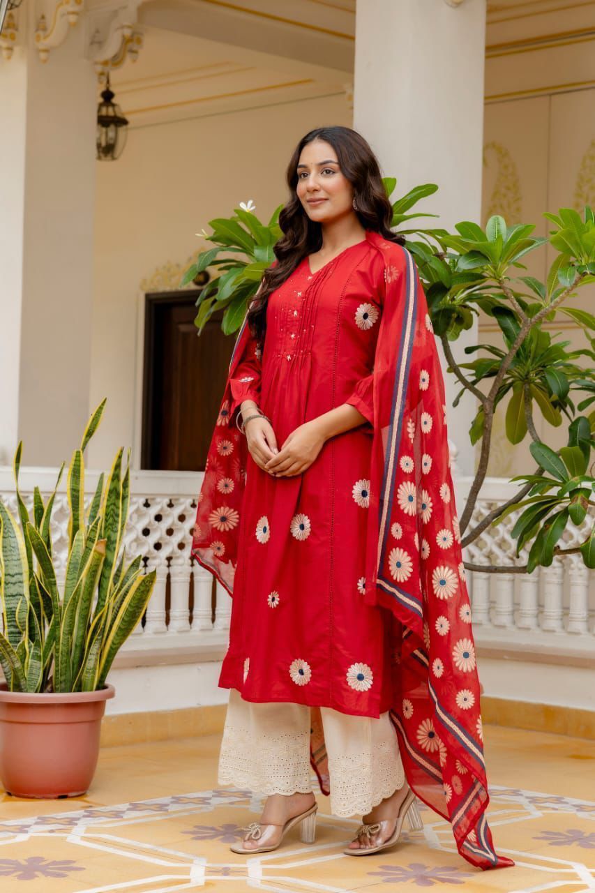 3 Piece Cotton Pintex Kurti Pant Dupatta Set with Embroidery