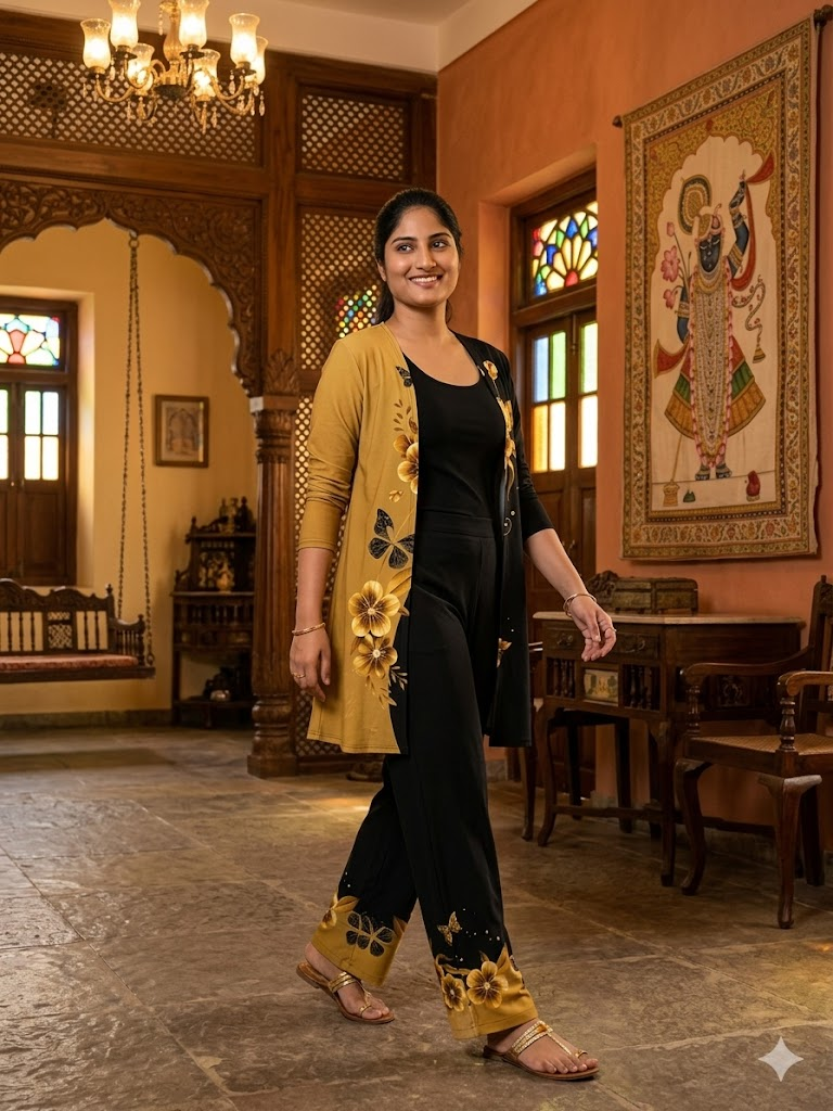 Floral Embroidered 3 Piece Linen Co-ord Set for Women — Jacket Vest and Wide Leg Pants