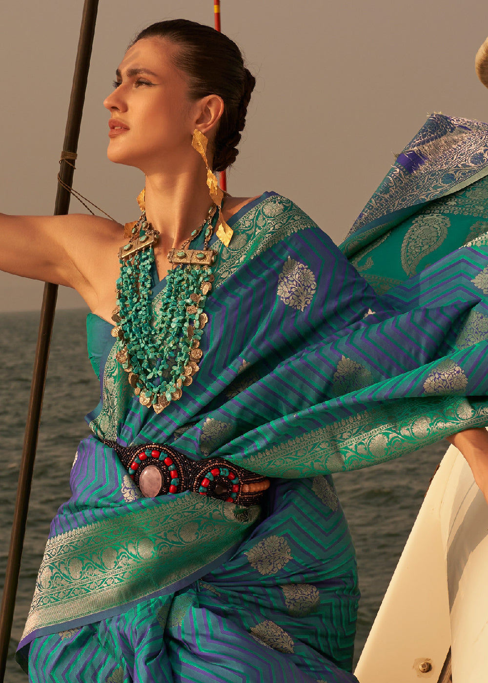 Blue & Green Two Tone Designer Satin Silk Saree