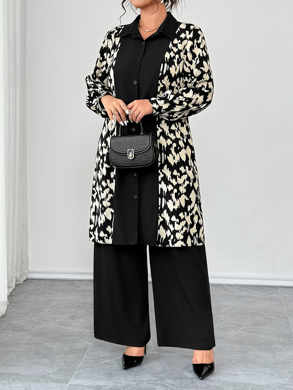 Women's Elegant Patchwork Cardigan, Mid-Length Shirt & Straight-Leg Trousers Set