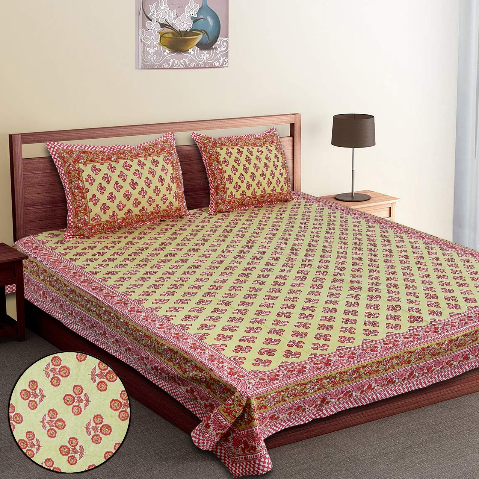 King-Size Bed Sheet Set with 2 Pillow Covers (Cotton Autoloom Fabric)