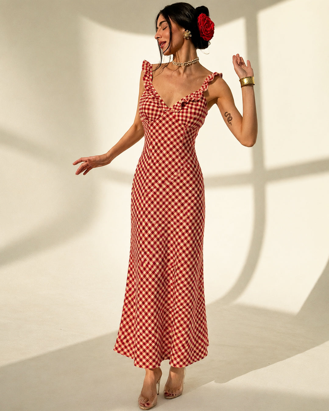 Gingham Ruffle Strap Fitted Summer Dress