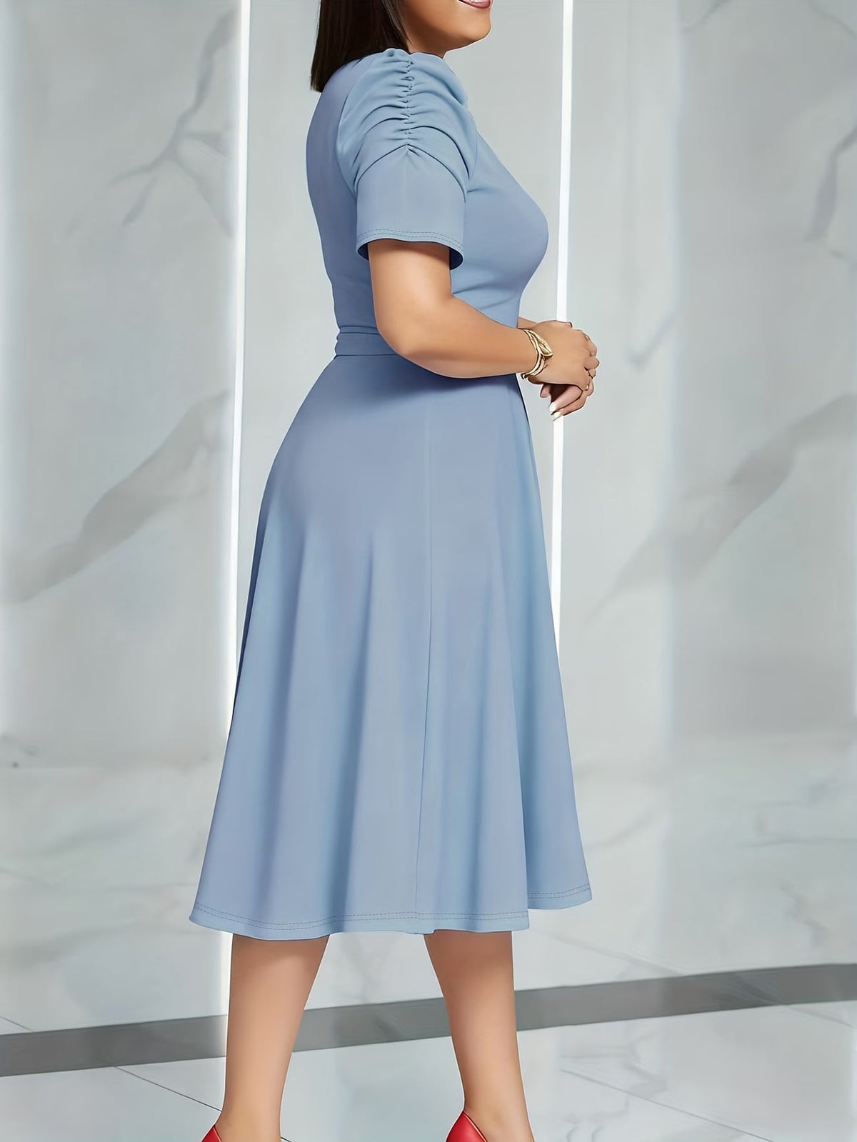 Women's Elegant V-Neck Ruffle Midi Dress with Waist Belt