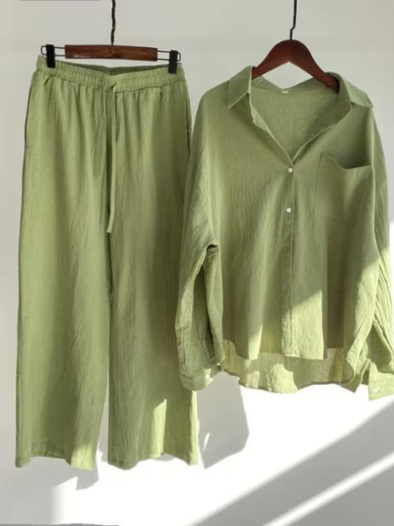 Vintage Linen Shirt Set with High-Waisted Wide-Leg Pants 2pcs Set