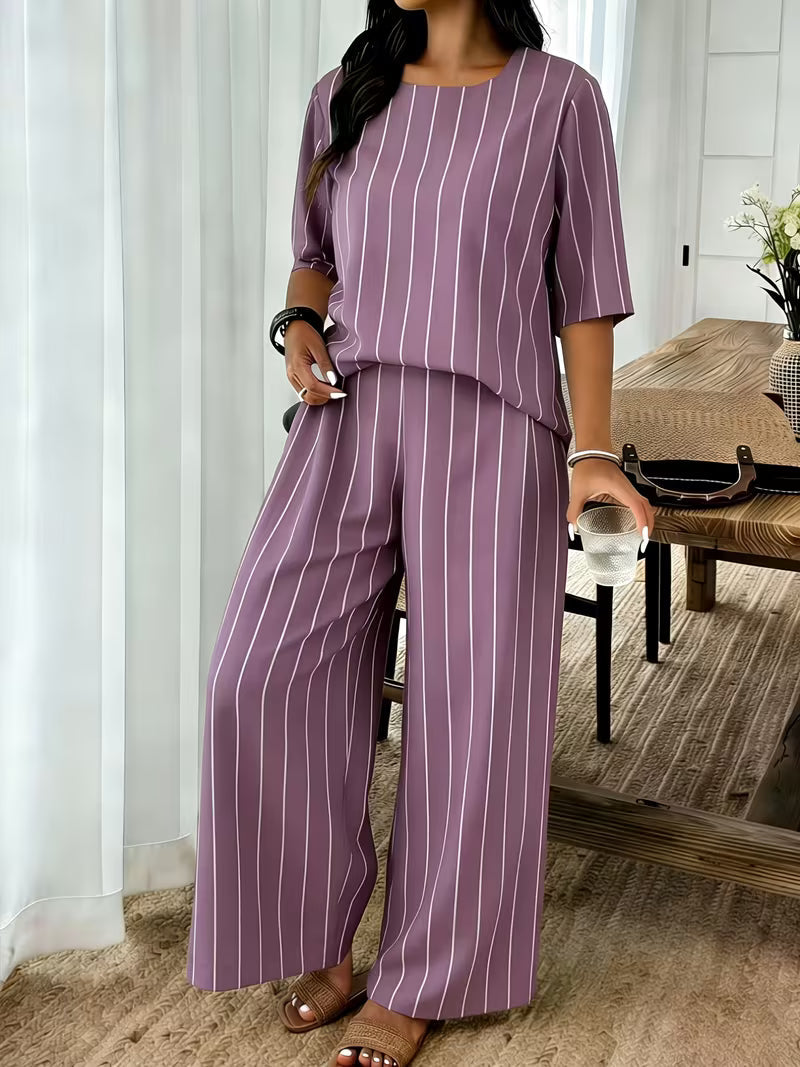 Women’s Plus-Size Casual 2-Piece Set – Off-Shoulder Batwing Top & Printed Pants