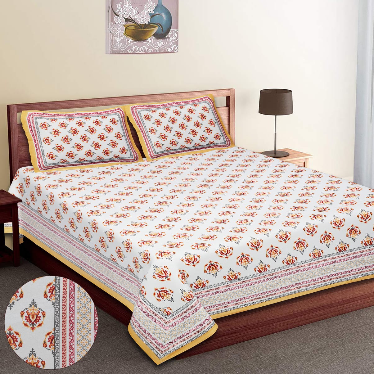 King-Size Bed Sheet Set with 2 Pillow Covers (Cotton Autoloom Fabric)