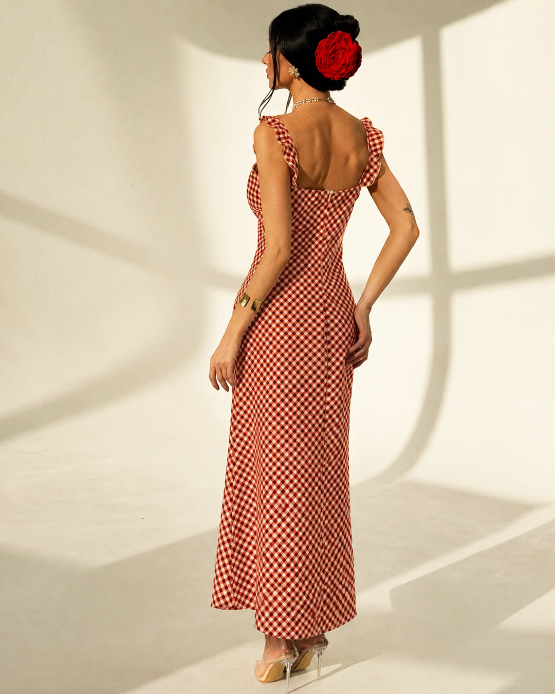 Gingham Ruffle Strap Fitted Summer Dress