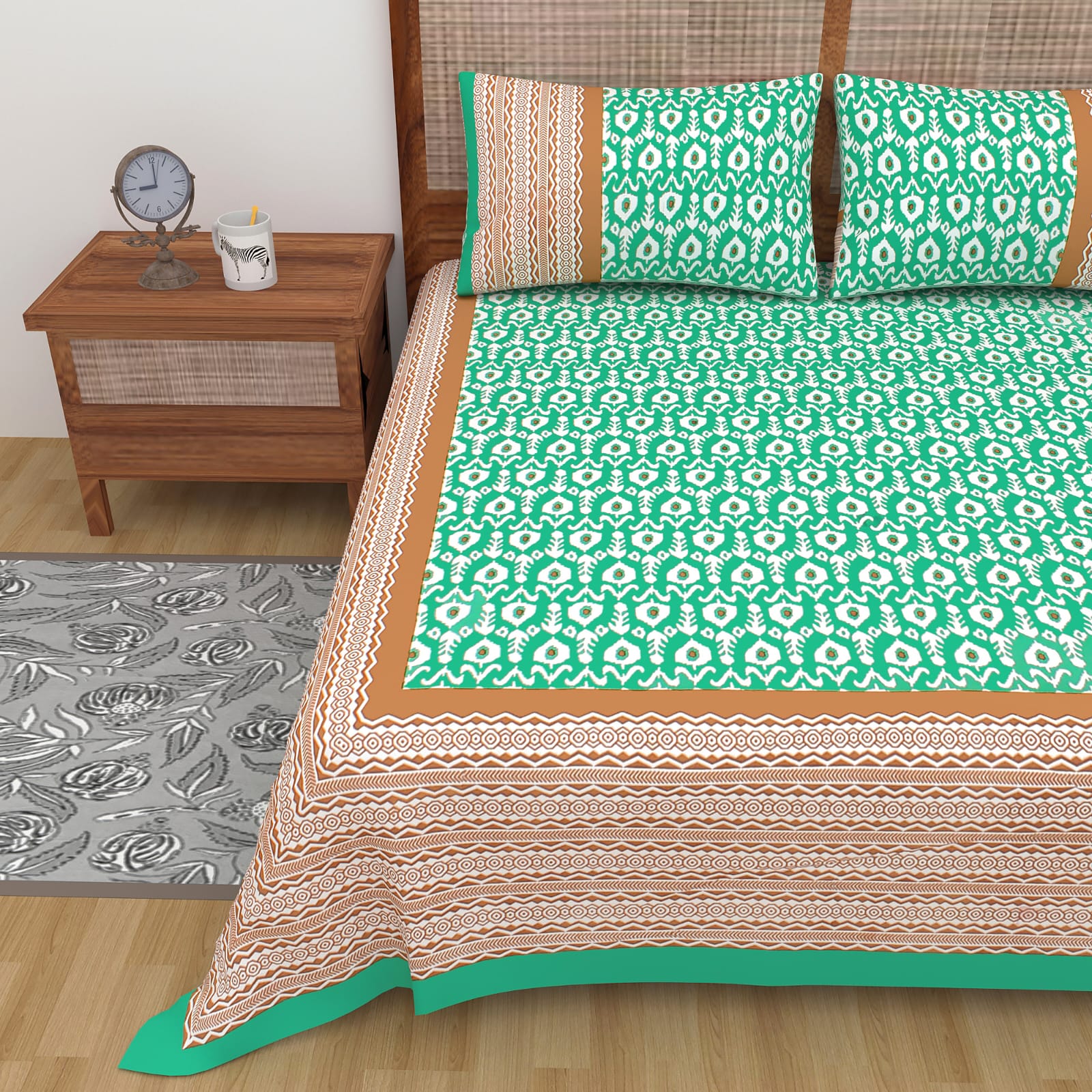 Jaipuri Double Bedsheet Set with Two Pillow Covers - 90x100 Size