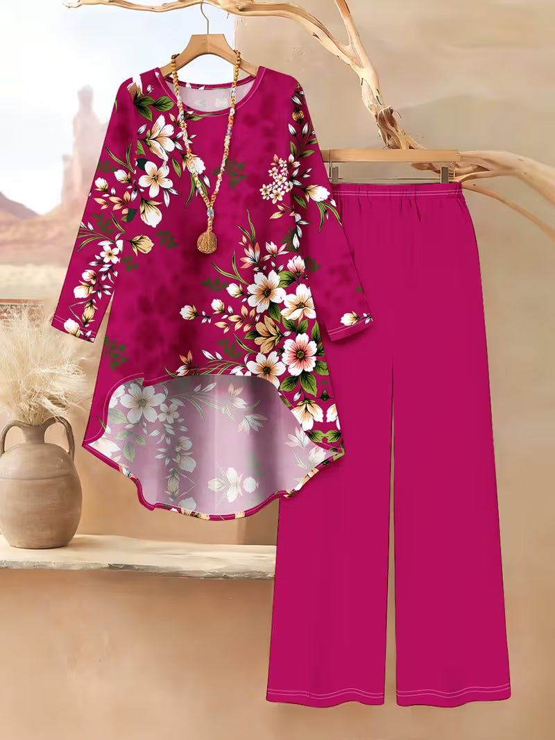 Women’s Long-Sleeve Floral Suit – Light Red Flowers on Gray, Casual & Vacation Wear