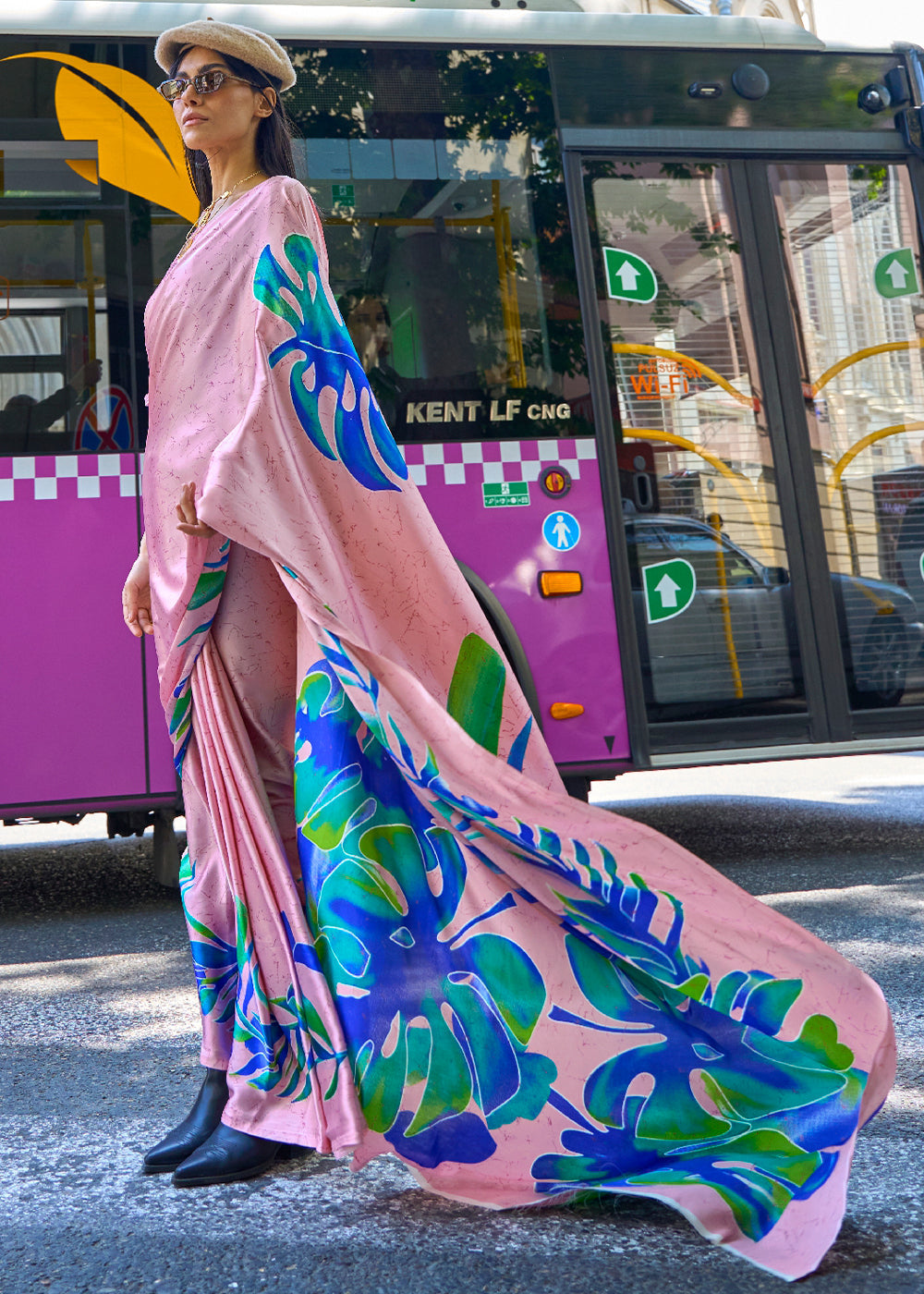 Flamingo Pink Designer Satin Crepe Printed Saree