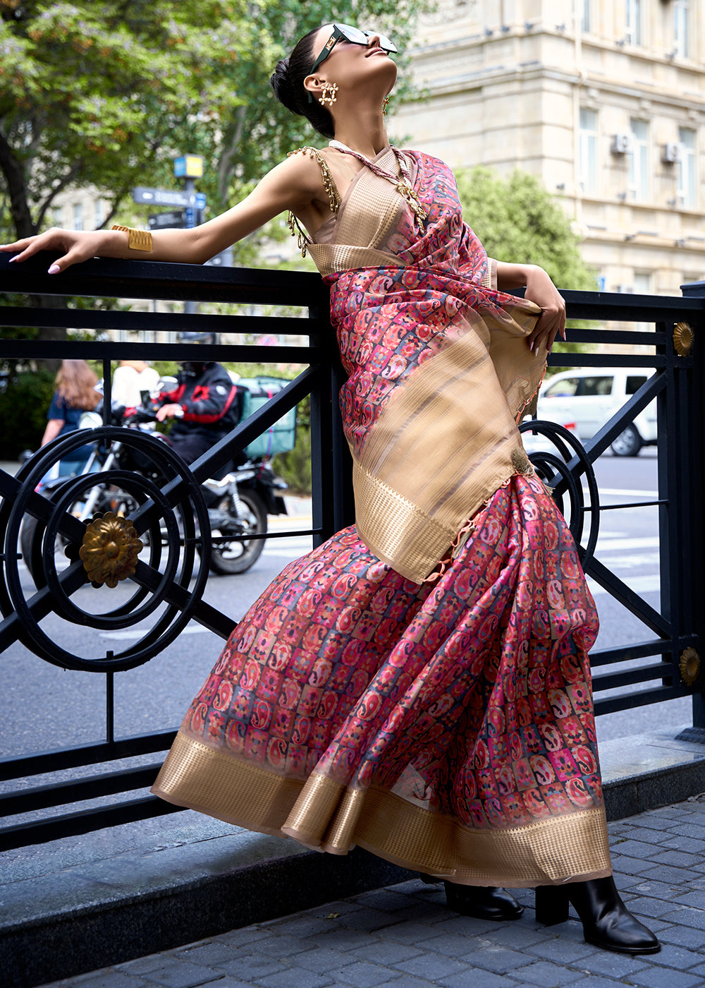 Cerise Pink Floral Printed Satin Organza Saree