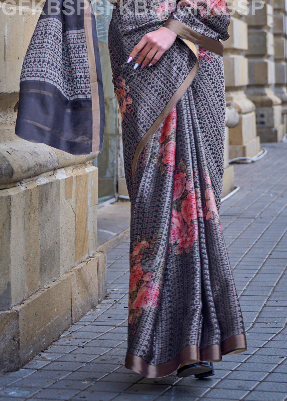 Slate Grey Digital Printed Poly Viscose Saree