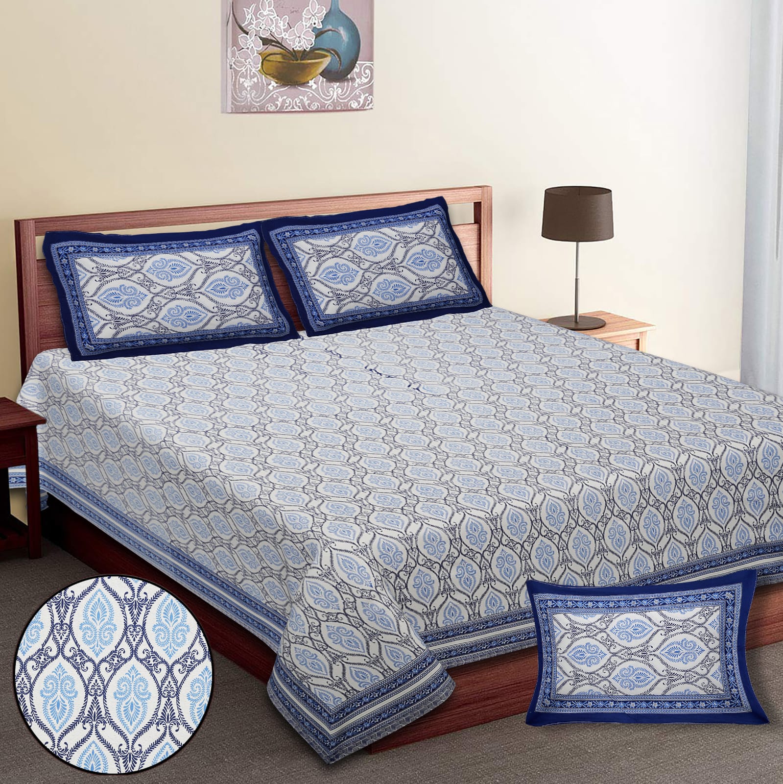King-Size Cotton Bedsheet Set with Pillow Covers