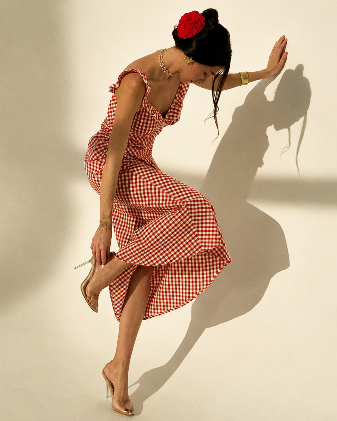 Gingham Ruffle Strap Fitted Summer Dress