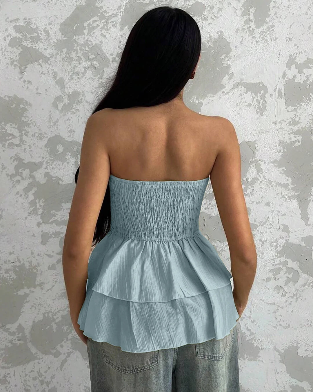 Strapless Smocked Layered Hem Top in Baby Blue