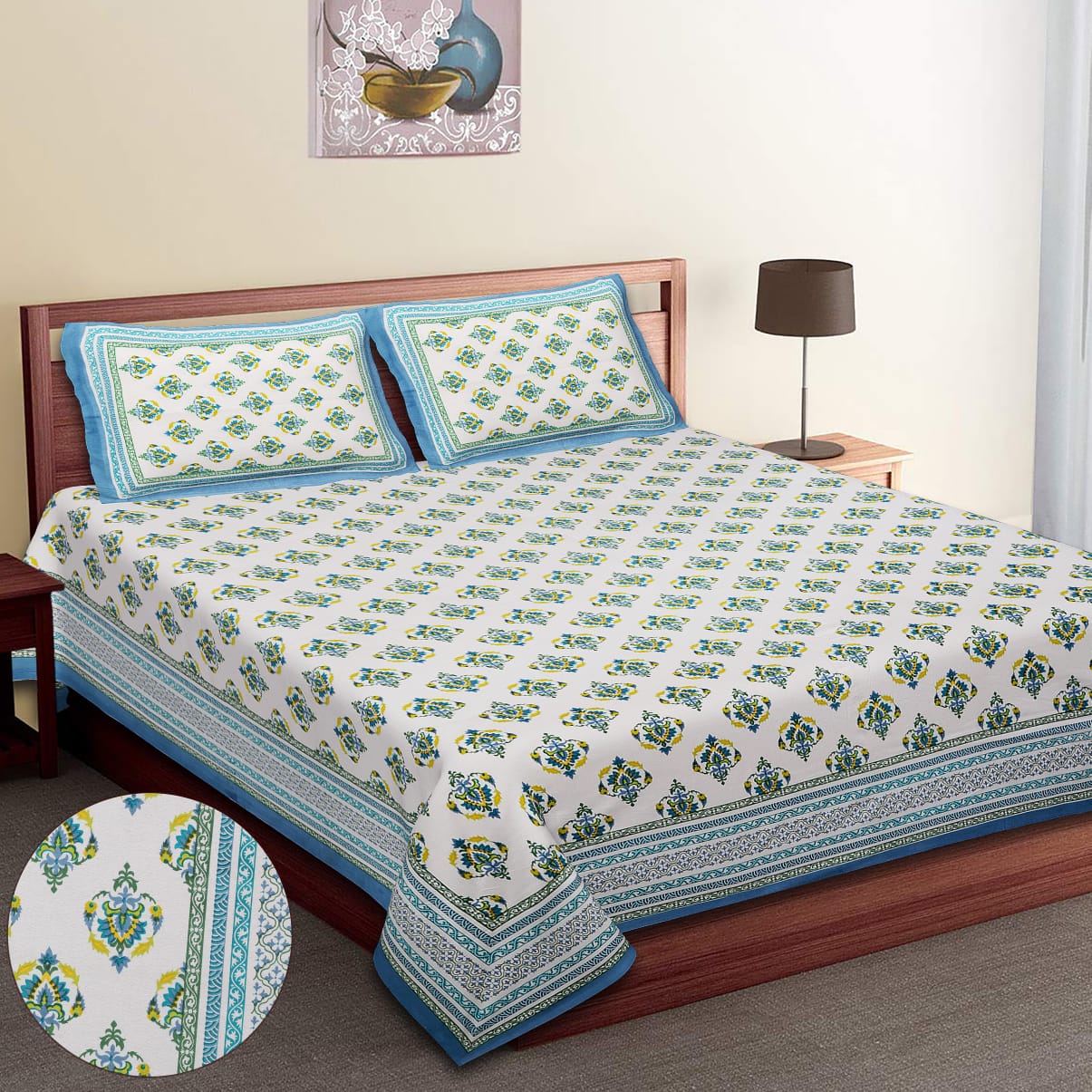 King-Size Bed Sheet Set with 2 Pillow Covers (Cotton Autoloom Fabric)